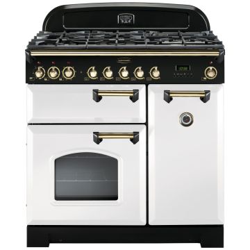 Rangemaster Classic Deluxe CDL90DFFWH/B 90cm Dual Fuel Range Cooker -  White/Brass - A CDL90DFFWH/B  